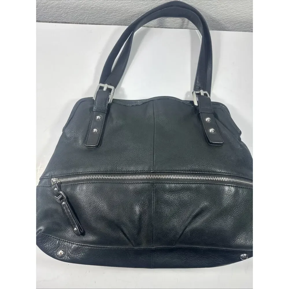 B Makowsky Large Hobo Bag Black Genuine Leather 2 Strap Silver Zipper Studs Moto
